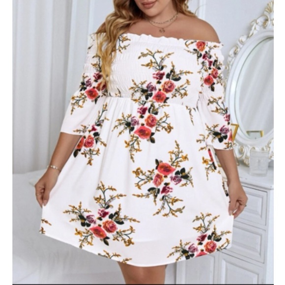 Boho floral print shirred off shoulder dress - Picture 4 of 5